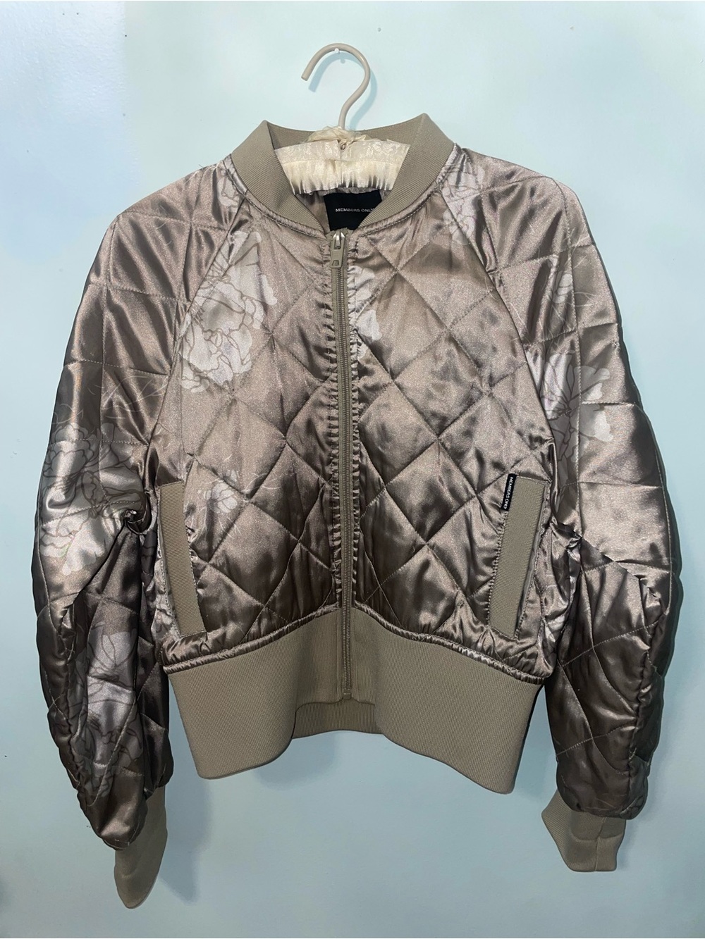 Army Green Quilt Floral Silky Bomber Jacket